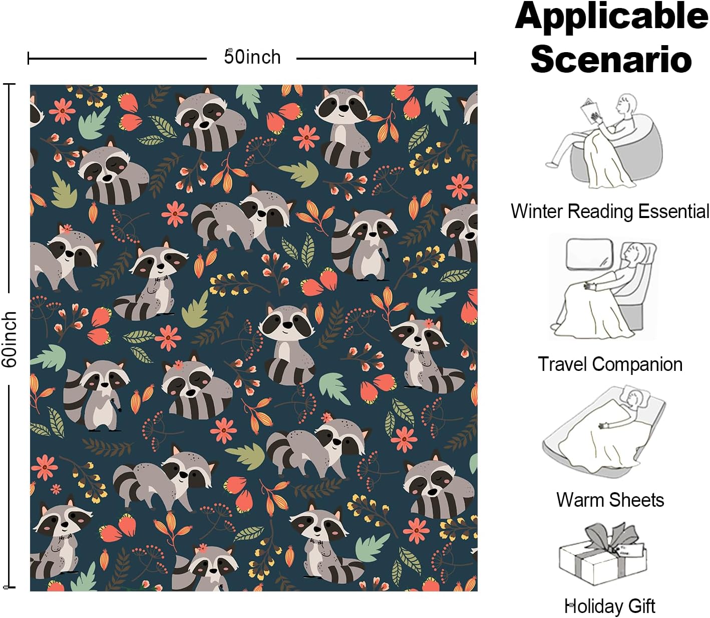 Raccoon Print Flannel Blanket 50X60inch, Cute Throw for Animal Lovers, Girls, Boys, Adults, Family, Friends - Suitable for Sofa, Chair, Travel, Camping - Image 5