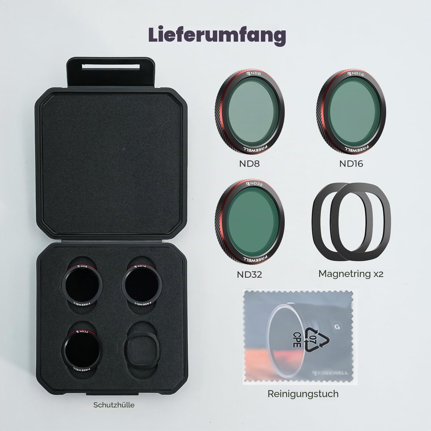 Freewell Magnetische ND-Filter für DJI Neo 2 – inklusive ND8, ND16, ND32 für präzise Belichtungssteuerung.