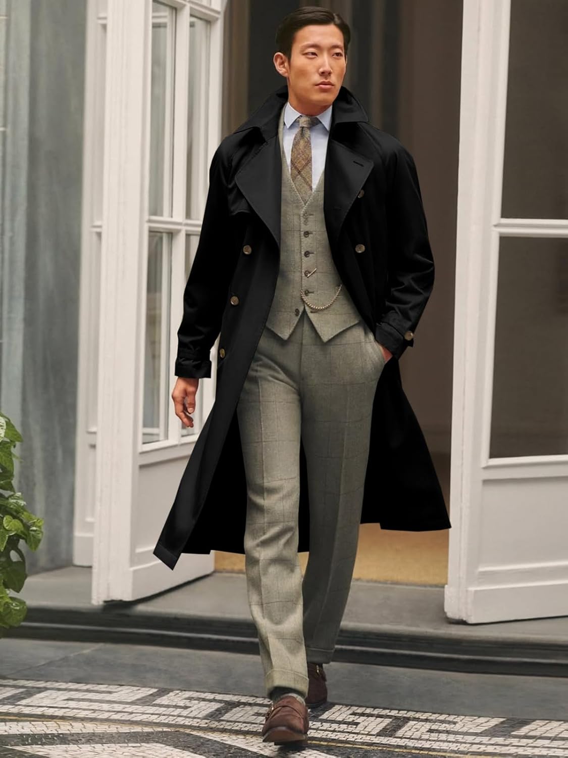 Runcati Mens Trench Coat Double Breasted Notched Lapel Casual Belted Windbreaker Fall Classic Long Jacket Overcoat - Image 4