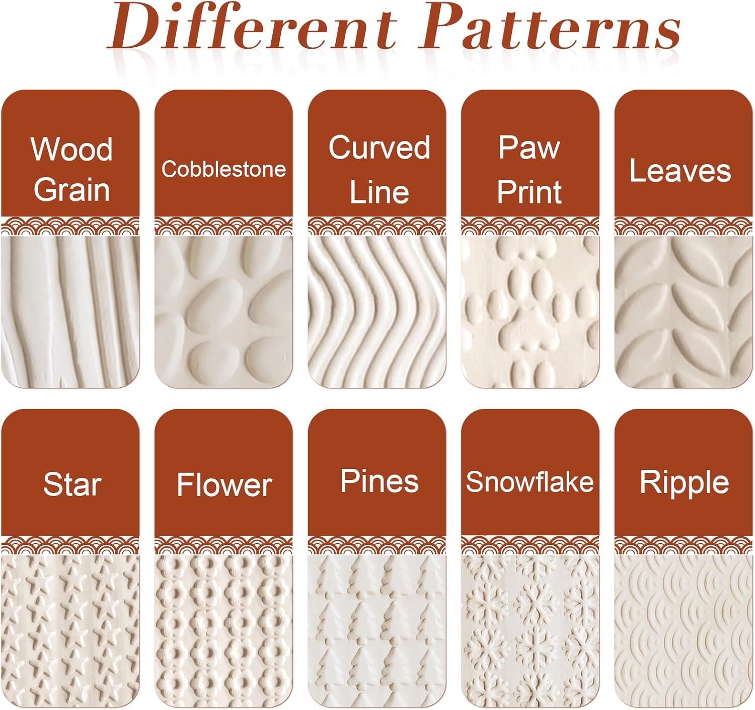Lzttyee Set of 10 Wooden Handle Pottery Tools Clay Modeling Pattern Rollers Kit Brown (Set of 10)