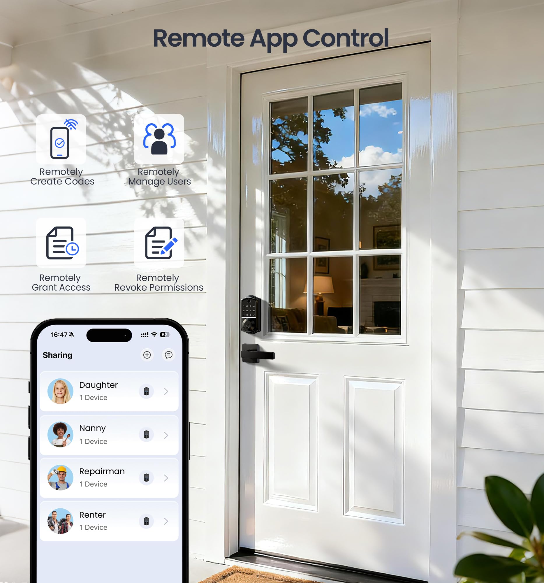 Veise VE017-B Fingerprint Smart Lock for Front Door, App Control, 7-in-1 Keyless Entry Deadbolt with 2 Zinc Alloy Lever Handles Set, Emergency Power Port, Auto Lock, Electronic Keypad, Black