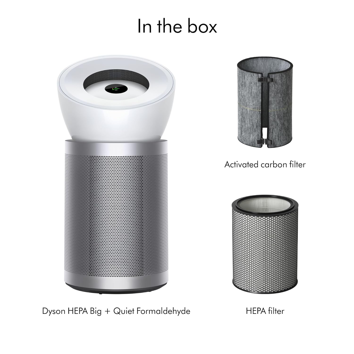 Contents of the Dyson HEPA Big+Quiet Formaldehyde BP06 box, showing the main unit, an activated carbon filter, and a HEPA filter.