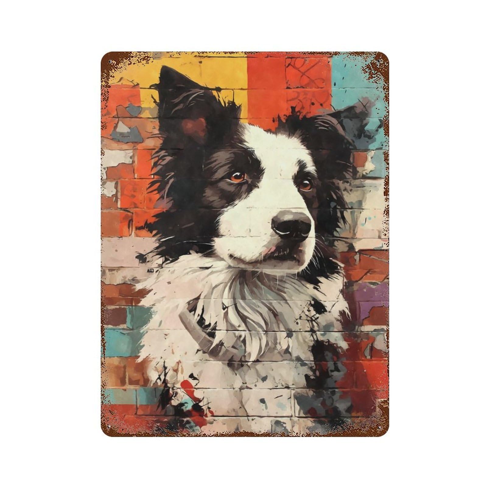 Border Collie Graffiti Aged Metal Wall Plaque 15.7"x11.8", Industrial Home Decor for Pub, Kitchen And Man Cave Decor