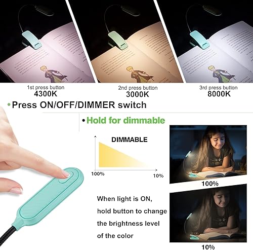 Miniatura 2 de Luz de libro para niños, luz recargable de lectura de libros en la cama, brillo regulable, cuidado de los ojos, 3 modos de iluminación, luz de