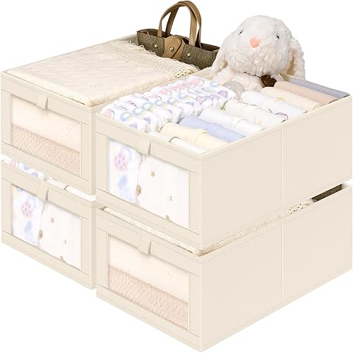 Criusia Organizadores y almacenamiento de ropa de lino, paquete de 4 cestas de lino con ventana de malla para organización, organizador de armario