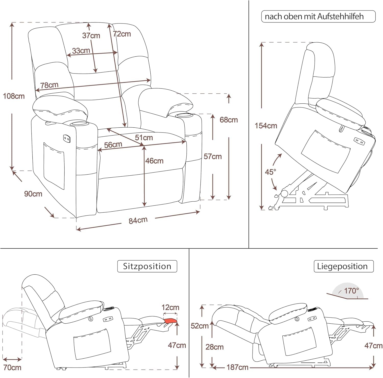 M MCombo Fernsehsessel mit Aufstehhilfe Elektrisch, 3 Motoren, Rückenlehne & Beinstütze Getrennt Verstellbar, Relaxsessel mit Liegefunktion bis 170° Verstellbare Kopfstütze 7550 (Chenille, Beige)