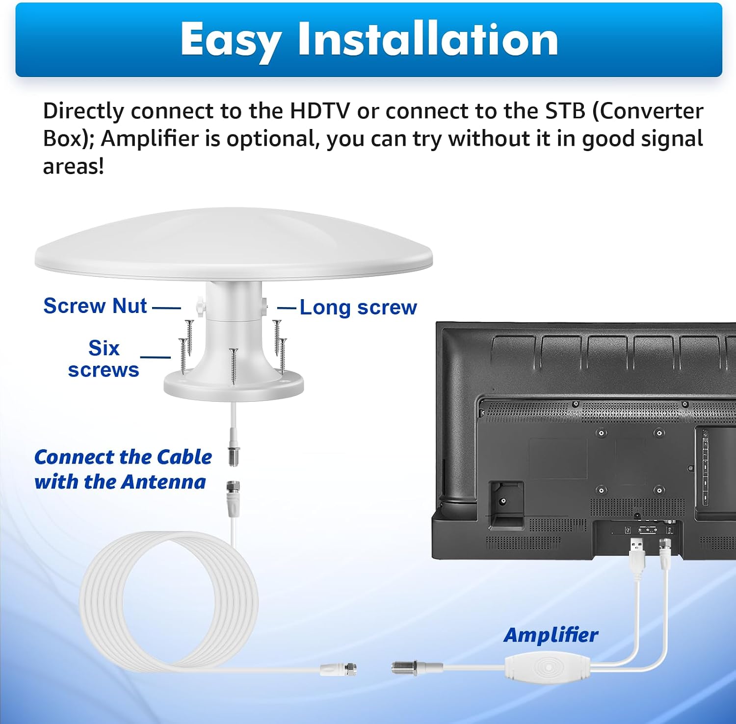Outdoor Rv Tv Antenna for Camper, 360° Omni-Directional Reception Digital RV Antenna Roof Mount for Smart TV for Local Channels, 4K HD, Long Range, 16FT Cable, UHF/VHF