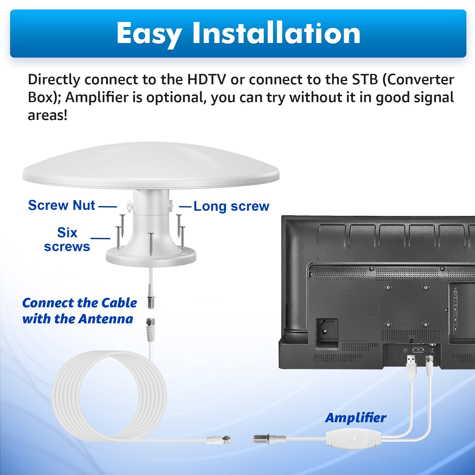 Antena de TV para exteriores con recepción omnidireccional de más de 100 millas de alcance mejorado VHF y UHF 4K HDTV, cable coaxial RG6 de 16.4 pies (blanco apagado)