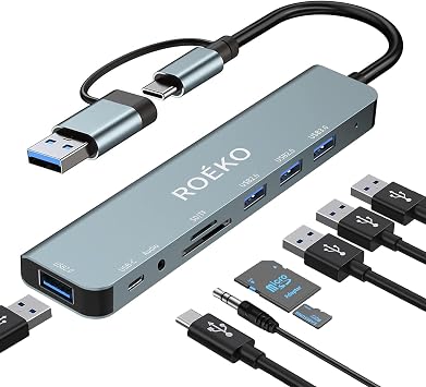 USB Hub,USB C hub multiport Adapter, USB Splitter with 1xUSB 3.0,4xUSB2.0,2 x USB C,USB c hub for MacBook Pro/PC/Laptop/Tablet Devices Grey 8 in1
