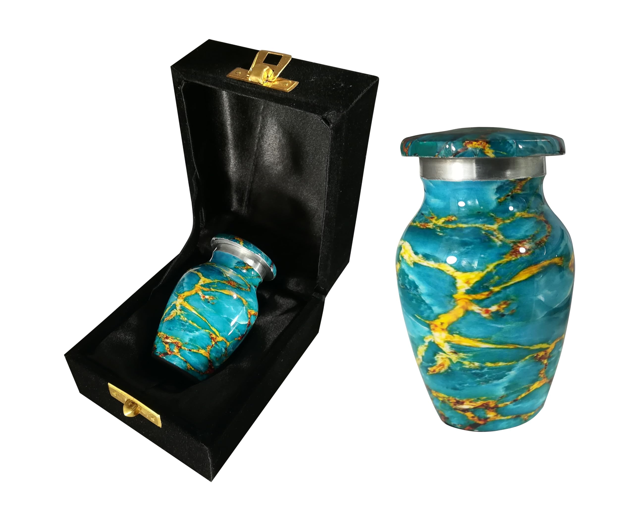 Keepsake Urns for Human Ashes and Pet Ashes Small Mini Cremation Metal Memorial Container Token with Presentation Case and Bag (Electric Blue and Yellow)