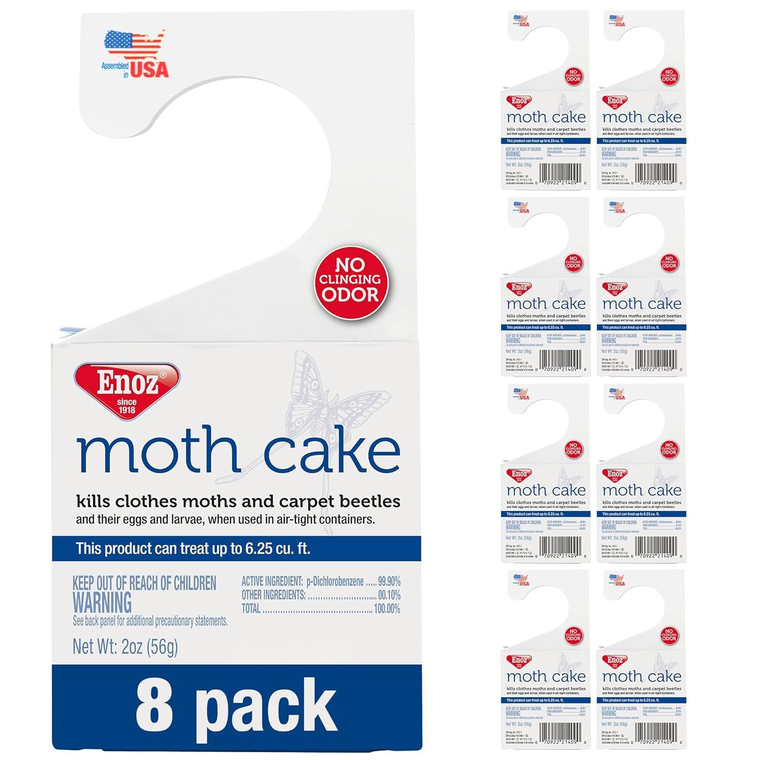 Enoz Moth Cakes – 8 Pack – Easily Hangs in Closets & Garment Bags – Kills Clothes Moths, Carpet Beetles, Eggs & Larvae – Treats 6.25 Cubic Feet