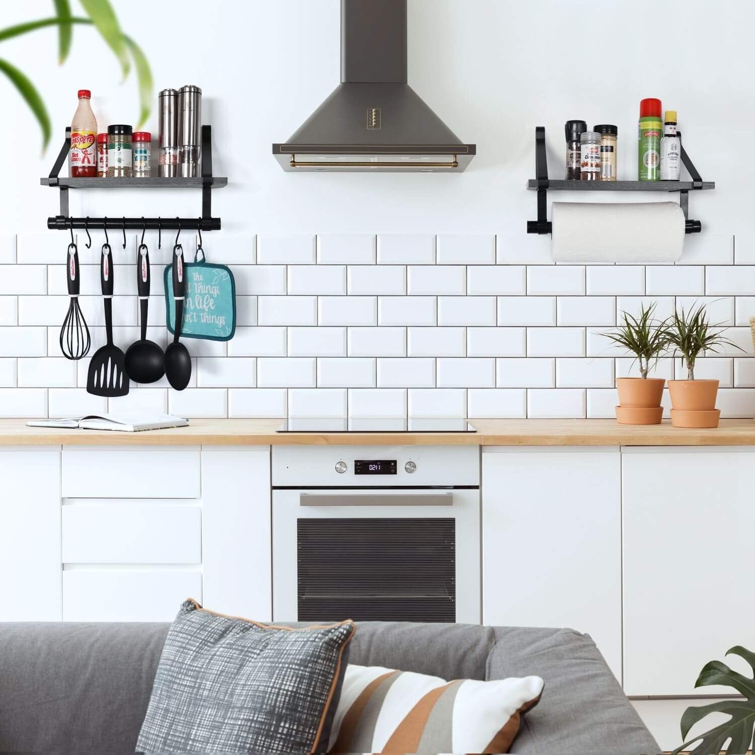 Under.Stated Wall Mounted Floating Shelf - Rustic MDF Wall Storage Rack with Towel Bar & Removable Hooks | Kitchen & Bathroom Organizer Rack (Rustic Grey)