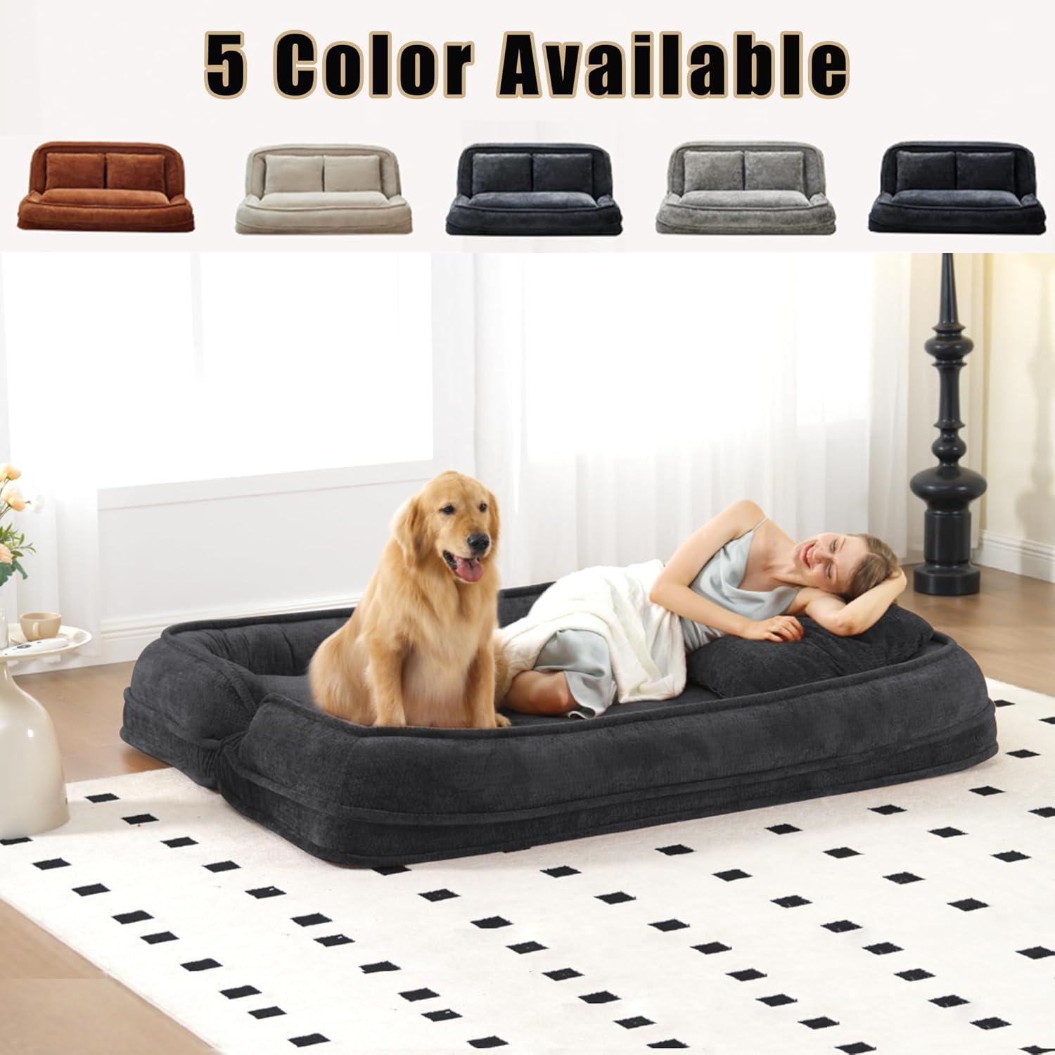Oversized Human Dog Sofa Bed for Adult & Pets, Convertible Lazy Floor Sofa Bed with 5 Adjustable Positions, Comfy Upholstered Loveseat with 3 Pillows for Living Room Bedroom(Black)