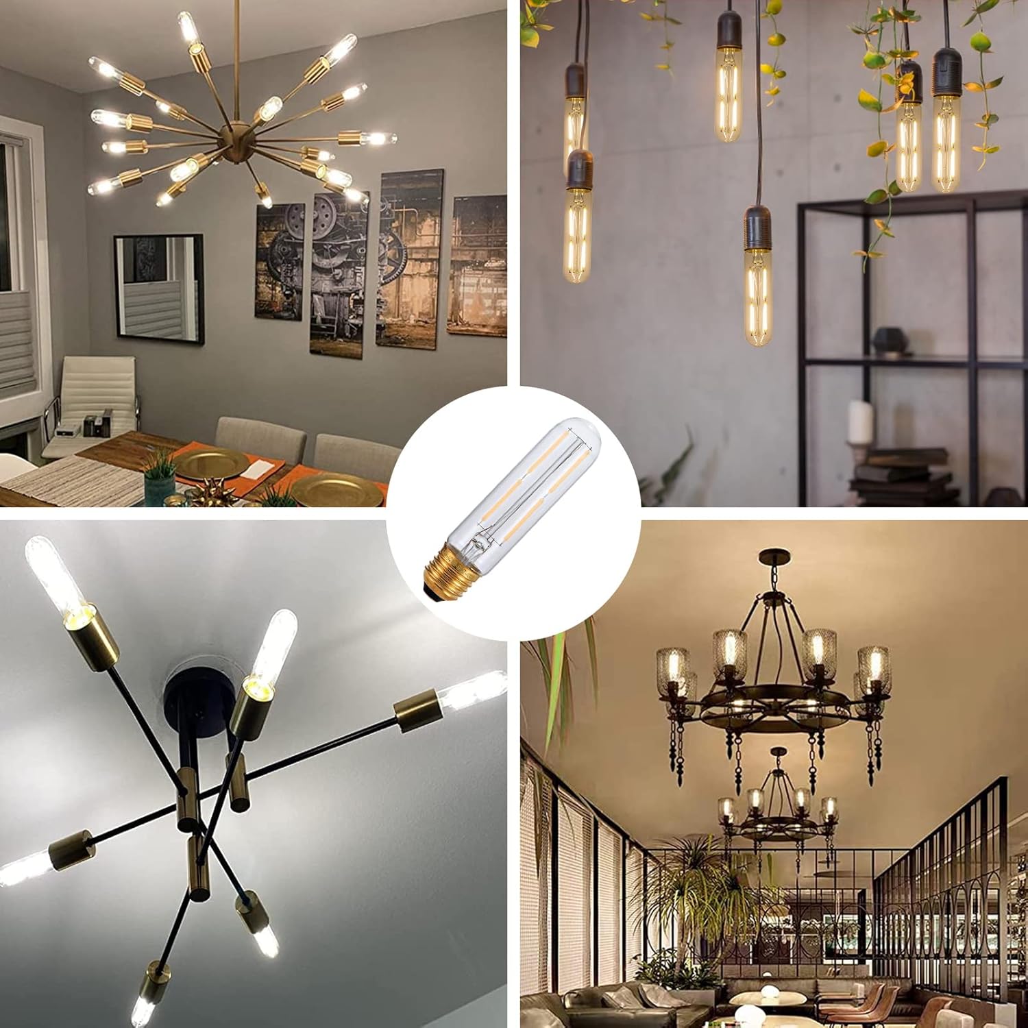 6 Pcs E26 T10 LED Tubular Light Bulbs, Daylight White Edison Bulb 4000K 4W Dimmable T10 Led Bulb for Pendant Lights, Lamps, Outdoor Long Light Bulbs (4W, 4000K)