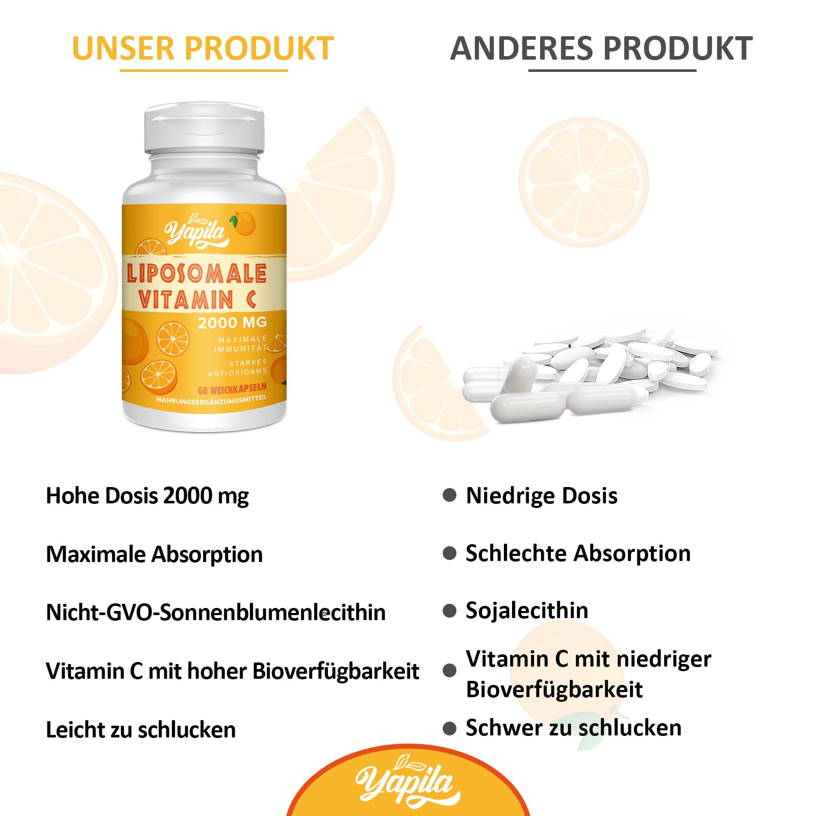 Liposomale Vitamin C Kapseln 2000mg, Maximale Absorption, Hochdosiertes Vit C, Ascorbinsäure, Antioxidantien-Ergänzung, Non-GMO, Soja-frei