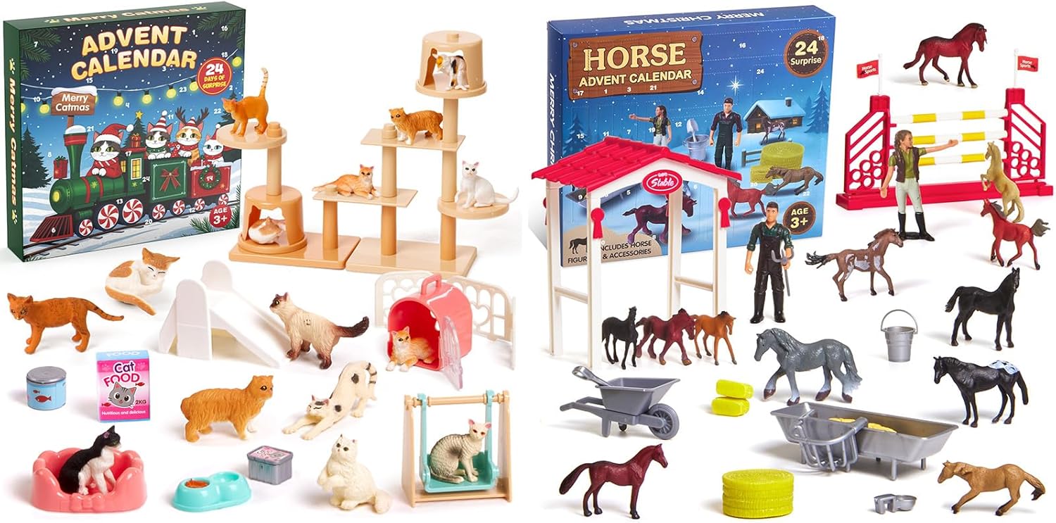 Cat & Horse Advent Calendar 2025 Bundle, 24 PCS Christmas Countdown Set with Figurines & Playground Accessories, Educational Holiday Gift for Kids Toddlers, Cat Horse Lovers Boys Girls