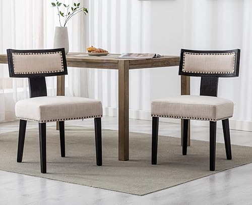 Miniatura 8 de EALSON Juego de 2 sillas de comedor modernas de mediados de siglo sillas de cocina tapizadas de lino con patas de madera y respaldo de ratán curvado