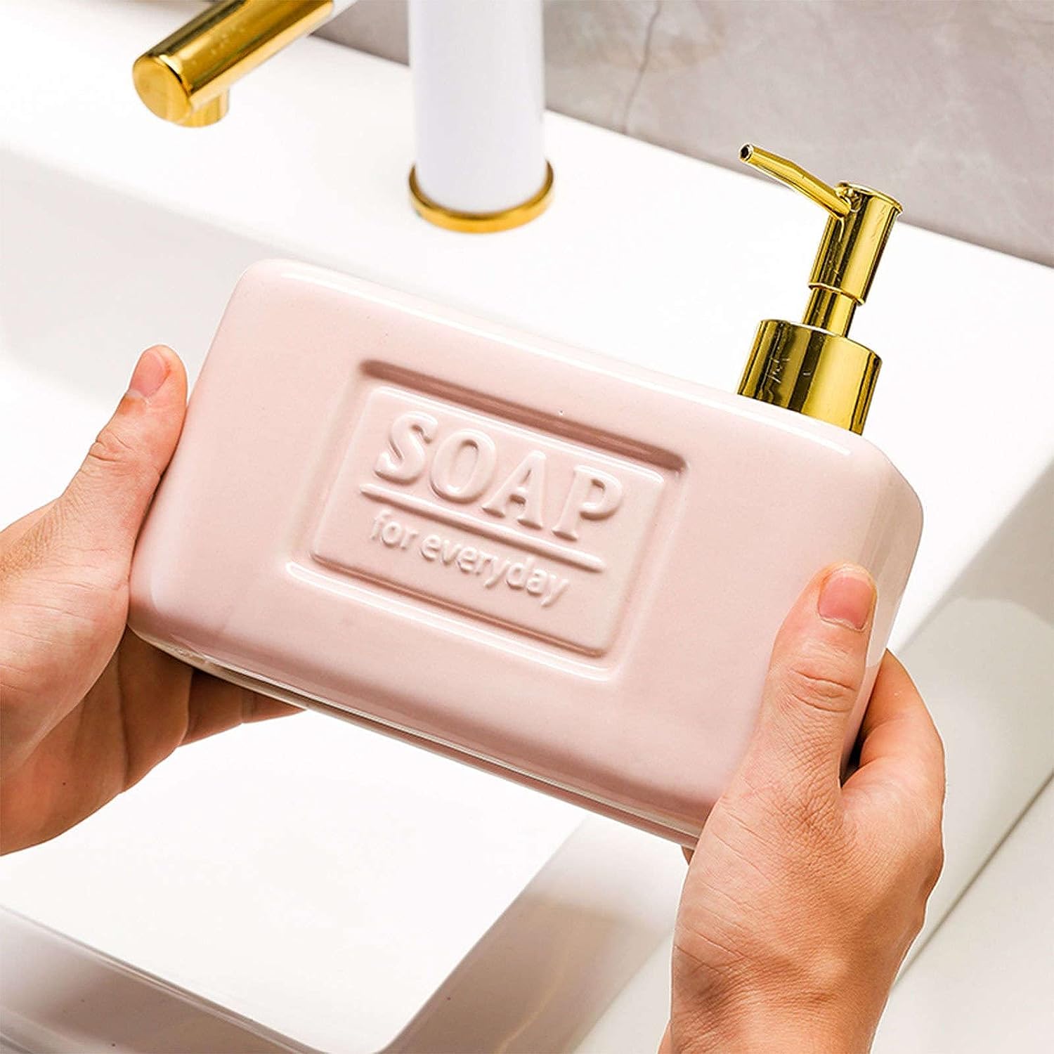 LekLai Dispenser di Sapone,Dispenser di lozione Quadrato in Ceramica retrò, Dispenser di Sapone for Le Mani, Dispenser di Shampoo Ricaricabile, Cucina bagno-rosa-18.5x17x7.5cm (Color : Roze)