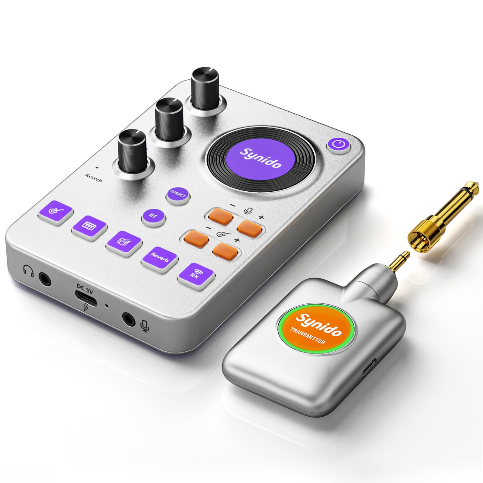 Synido Sistema de guitarra inalámbrico de 5,8 GHz, receptor transmisor de instrumento musical eléctrico recargable con tarjeta de sonido, 24 bits/96 KHz, baja latencia, compatible con Bluetooth BGM