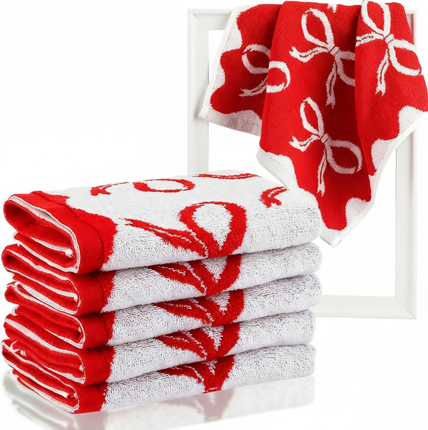 Coume 6 Pcs Red Bow Washcloths 100% Cotton Wash Cloths 13" x 13" Coquette Small Face Towels Absorbent Soft Preppy Wash Cloths & Hand Bath Towels for Bathroom, Spa, Kitchen Drying Cleaning