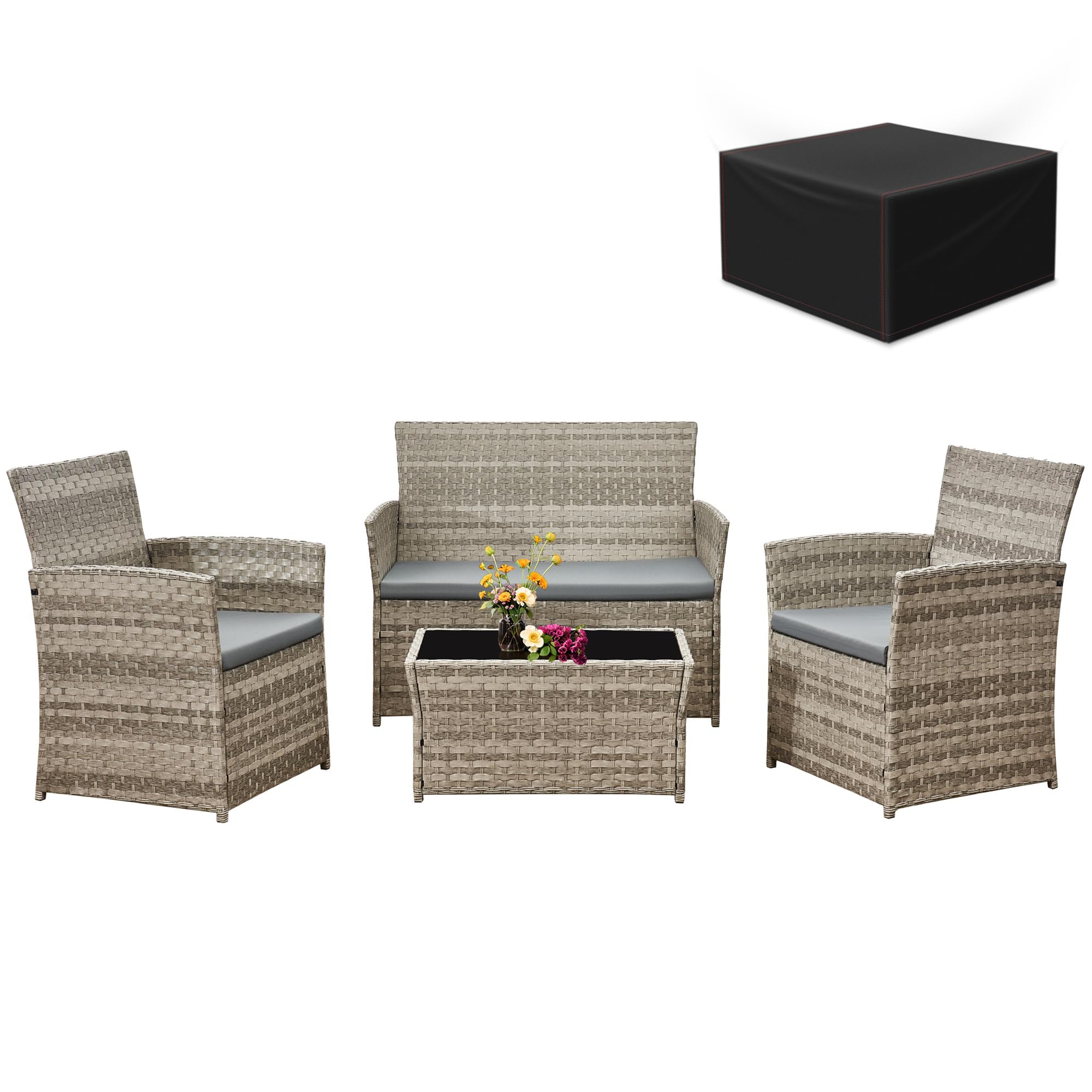 Aweather 4 Seater Rattan Garden Furniture Set with Waterproof Furniture Cover(Grey)