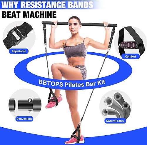 Miniatura 4 de Kit de barra de pilates Bbtops con bandas de resistencia, barra de pilates con bandas apilables, equipo de entrenamiento para piernas, cadera, Negro