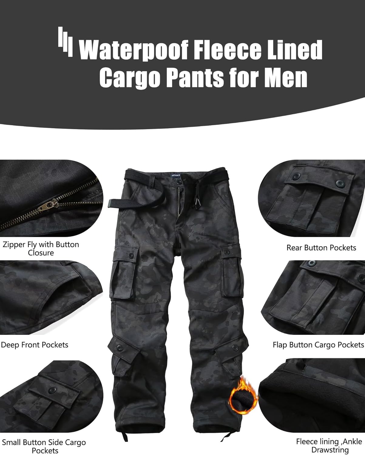 KOCTHOMY Men’s Fleece Lined Hiking Pants,Winter Outdoor Thermal Casual Work Cargo Pants with Multi Pockets, No Belt. - Image 4