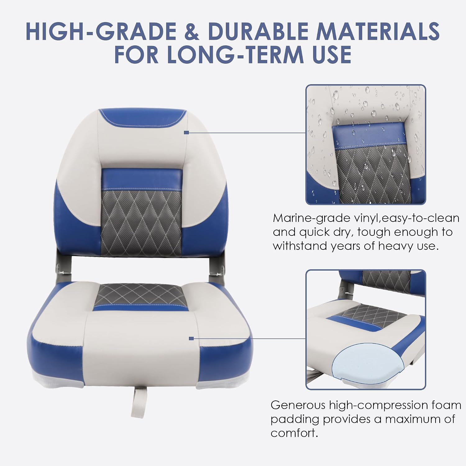 Deluxe Low Back Boat Seat, Fold-Down Fishing Boat Seat Gray/Charcoal/Blue (2 Seats)