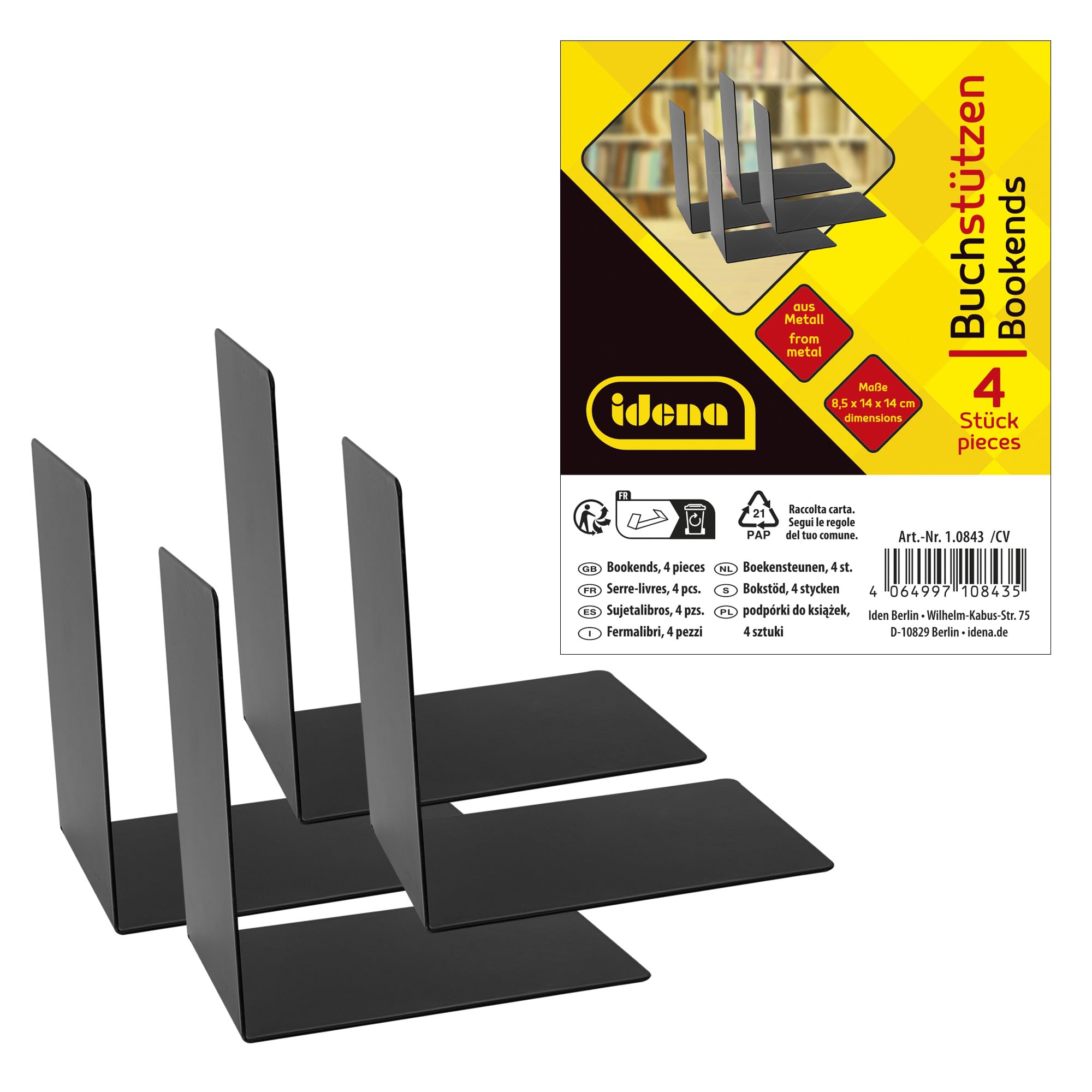 Idena 10843 - Podpórki metalowe, czarne, 4 podpórki na książki, 14 x 14 x 8,5 cm, uchwyt na książki na półkę