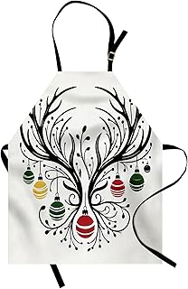 Lunarable Christmas Apron, Green and Red Rounds of Xmas with Abstract Tree Branches Simple Winter, Unisex Kitchen Bib with...