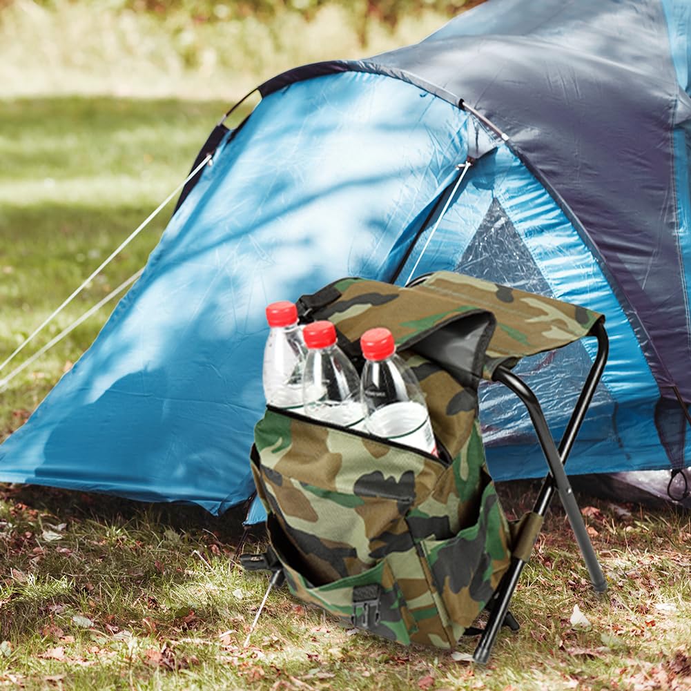 Sgabello pieghevole con zaino, sedia portatile da campeggio con dispositivo di raffreddamento e borsa portaoggetti per campeggio, caccia, pesca, escursionismo