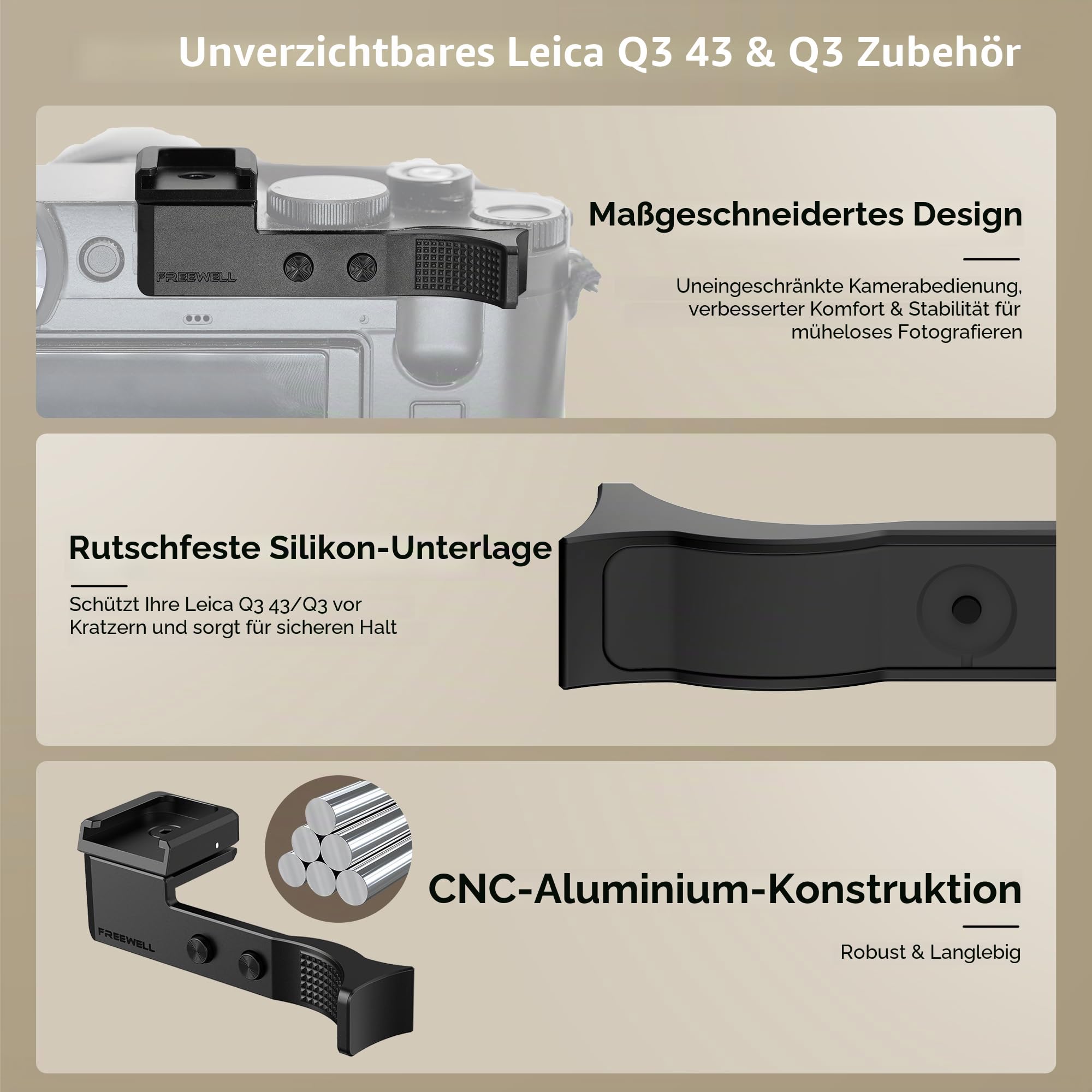 FREEWELL Daumengriff für Leica Q3 & Q3 43 mit Kaltschuhhalterung, CNC Aluminium, Kratzfeste Silikonpolsterung