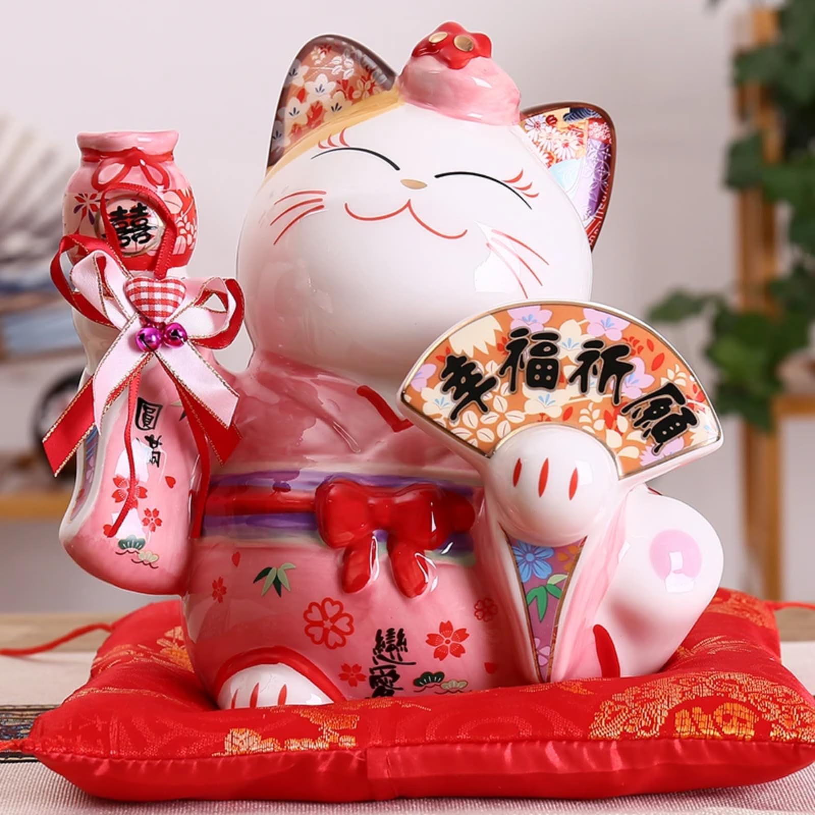 Różowy kot szczęścia ceramiczna ozdoba, 20 cm 20 cm, japońscy kochankowie szczęśliwy kot Feng Shui prezent ślubny