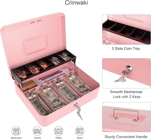 Miniatura 37 de Caja de efectivo con bandeja de dinero y cerradura de llave, caja de dinero grande de metal segura para efectivo, organizador de ahorro de dinero