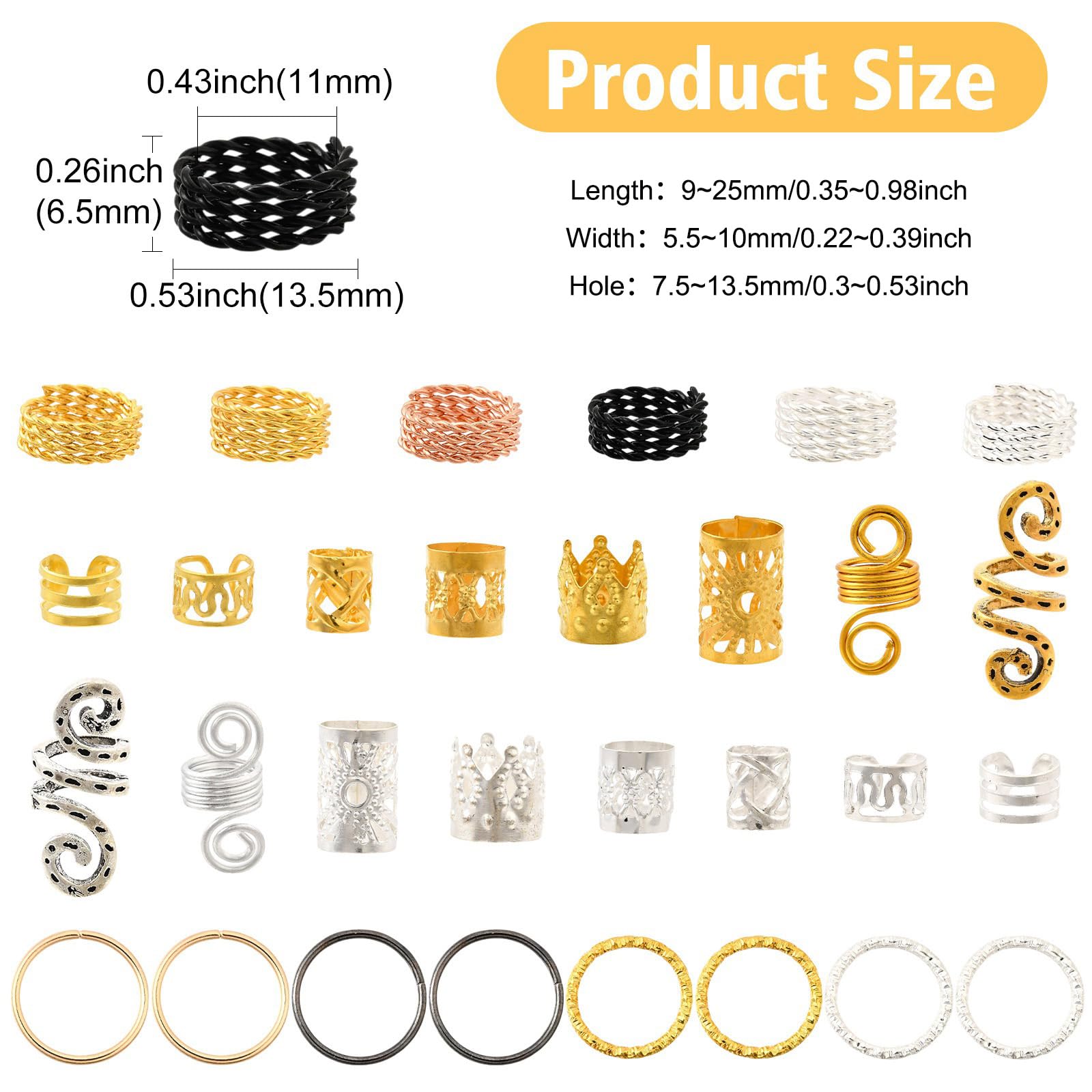 LiQunSweet 130Pcs 26 Styles Hair Coil Cuffs Set Hair Cuffs Braids Accessories Adjustable Spiral Coils Rings Hair Beads Charms Clips for Hair Styling