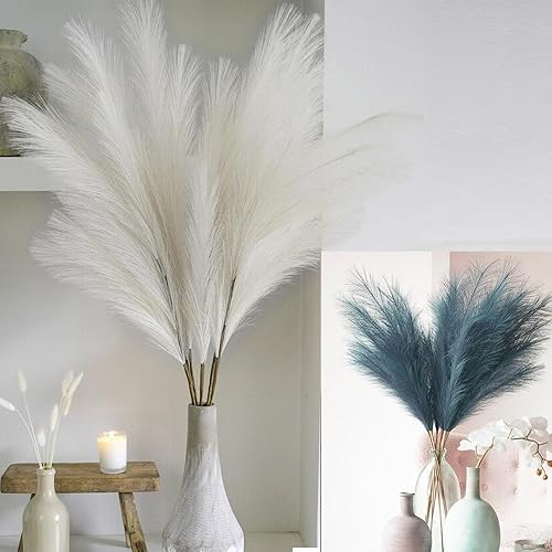 Decoración de hierba de pampa sintética de 38 pulgadas, color blanco y azul, césped artificial de pampas, pequeño arreglo floral de pompas esponjosas