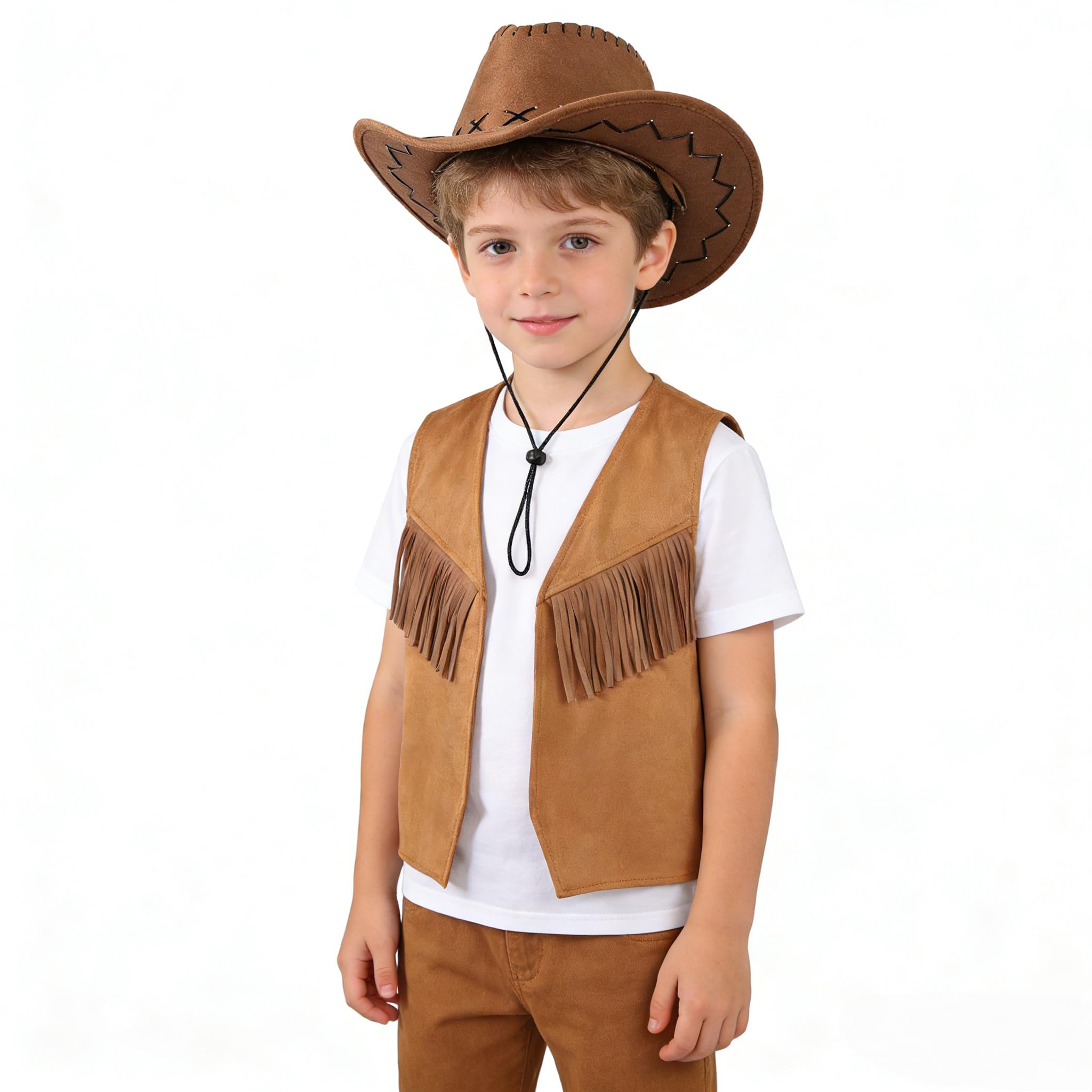 SIQITECHUK Kids Cowboy Costume Set including Cowboy Hat Western Fringe Vest Child Wild West Fancy Dress Outfit for Halloween Cosplay Party (140) - Image 3