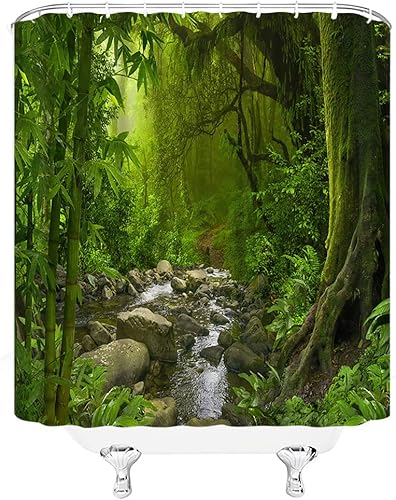 Miniatura 3 de Cortina de ducha de selva tropical, verde selva, bosque, arroyo, plantas exóticas, naturaleza primitiva, naturaleza, paisaje botánico, decoración de