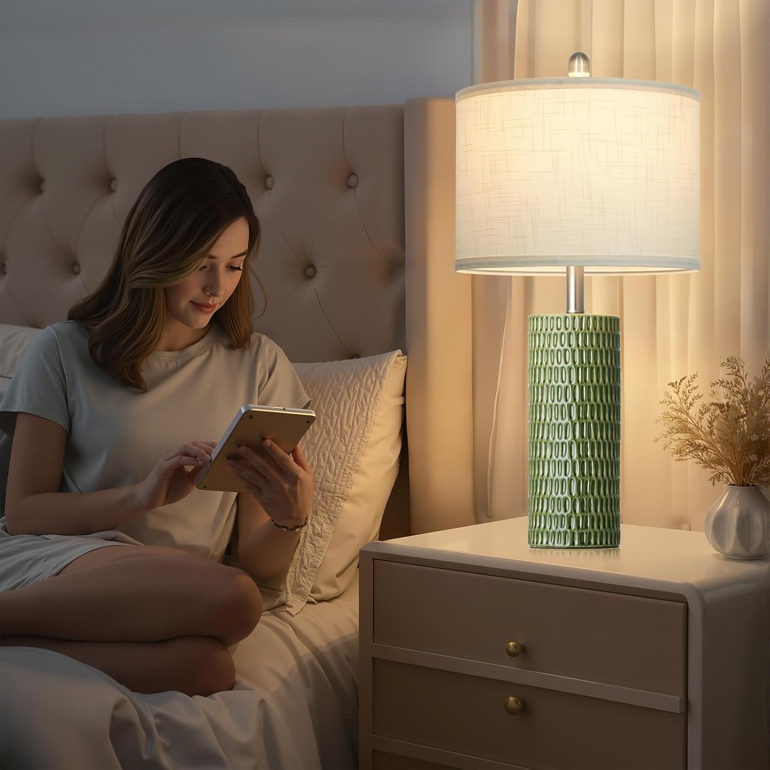 Cinyirong Modern Ceramic Table Lamps for Night Stands - Bedside Lamps Set of 2 for Nightstand, 27" Green Elegant Bedroom Lamp for Night Stand Desk Side End Table Home Decor(2 Bulbs Included)