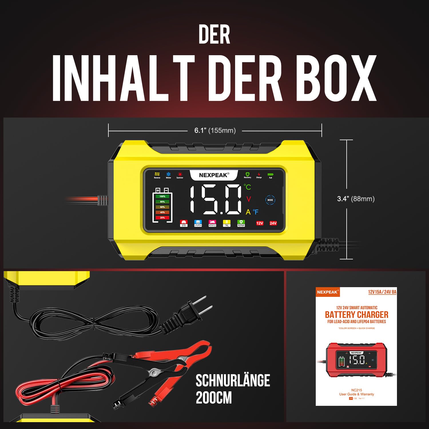 NEXPEAK NC215 15A Autobatterie Ladegerät, 12V 24V LiFePO4 Blei-Säure Tragbares Autobatterieladegerät 9-stufiges Intelligentes Batterieladegerät für Auto, LKW, Motorrad, Rasenmäher, Boot, Marine