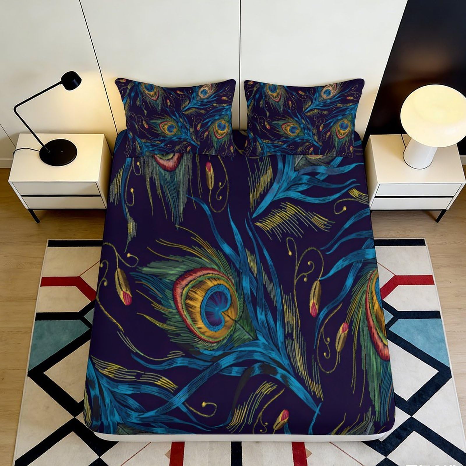 3D Printed Peacock Feather Fitted Sheet Microfiber Slip-Resistant Mattress Cover for Bedroom Dorm Artistic Decor Easy Care 90x200x25cm