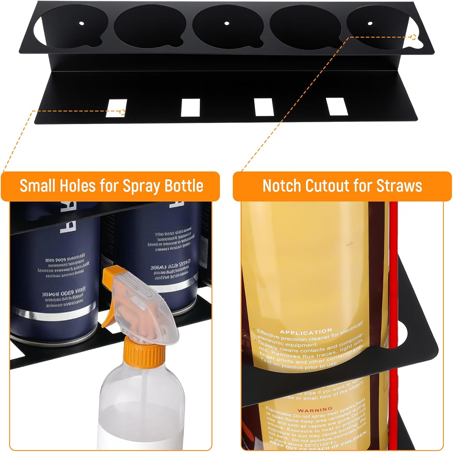 2 Pack Spray Bottle Holder Wall Mount, Heavy-Duty Metal Spray Bottle Storage Rack with 5 Holes for Garage Workshop Organization, Paint Aerosol Can Organizer for Home Utility Room