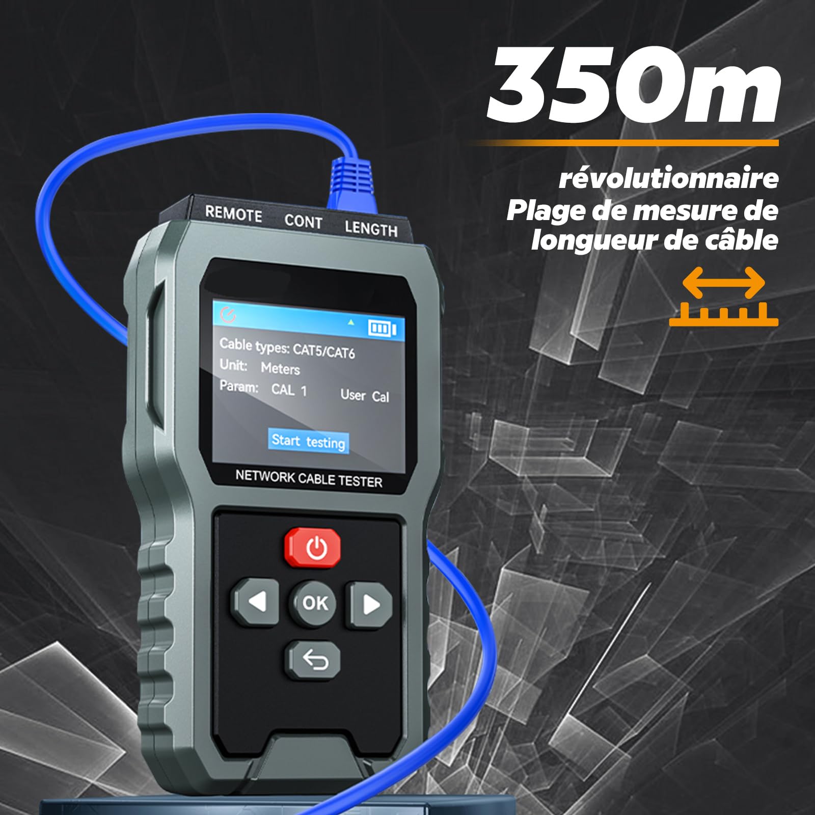 Netzwerkkabeltester 350m Reichweite, 60V Schutz, RJ45 für UTP/STP. Prüft Durchgang, Kurzschluss, Kreuzung. Wiederaufladbar mit Beleuchtung 8128 (Grey)