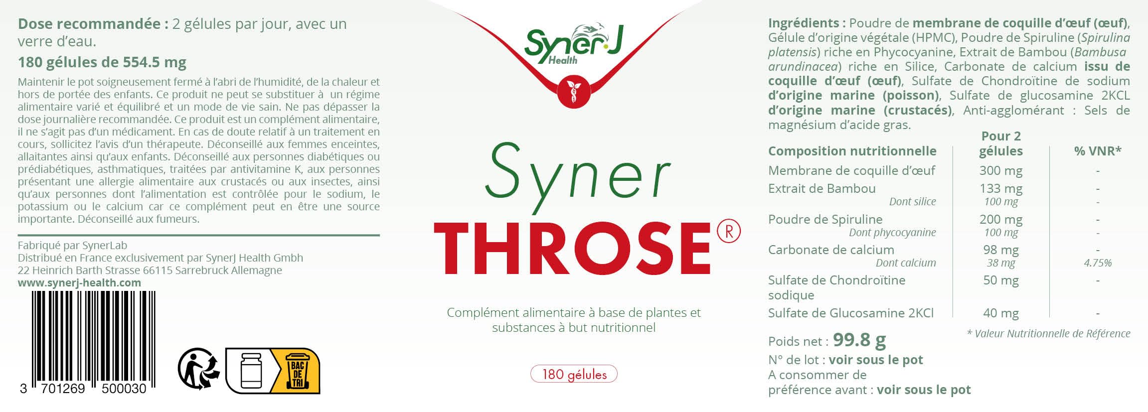 SynerTHROSE | Complexe Glucosamine, Chondroïtine, MSM, Vitamine C | Formulation Naturelle | 180 Gélules | 3 Mois | SynerJ Health