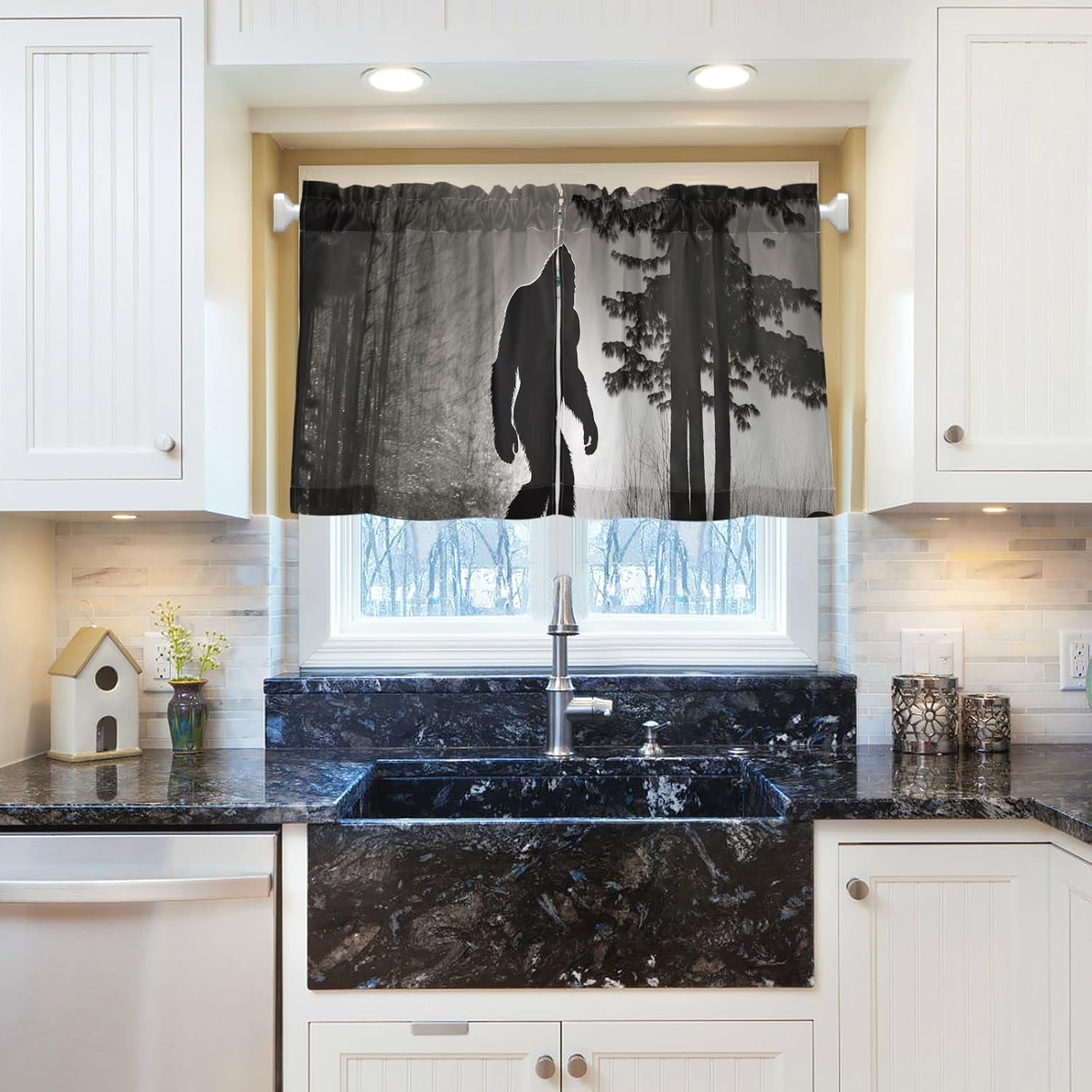 Vnurnrn Half Window Curtains (Sasquatch in Forest) for Bedroom, Farmhouse Kitchen Curtains for Small Window Bathroom Basement RV, 27×24 in per Panel