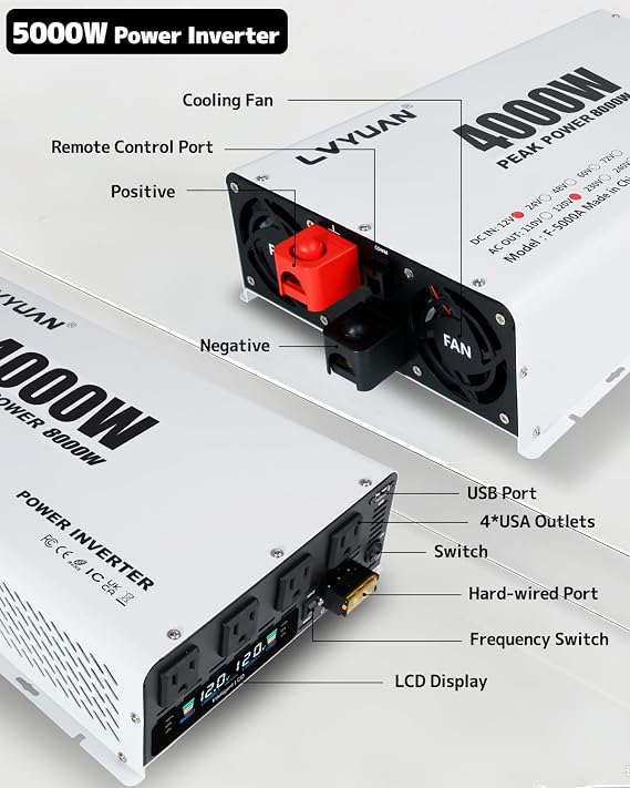 LVYUAN 4000 Watt Power Inverter 12V to 110V 120V DC to AC Converter with 4 AC Outlets, LCD Display, USB Charge Port, Remote Control for Home RV Vehicle Outdoor Camping Car Power Inverter