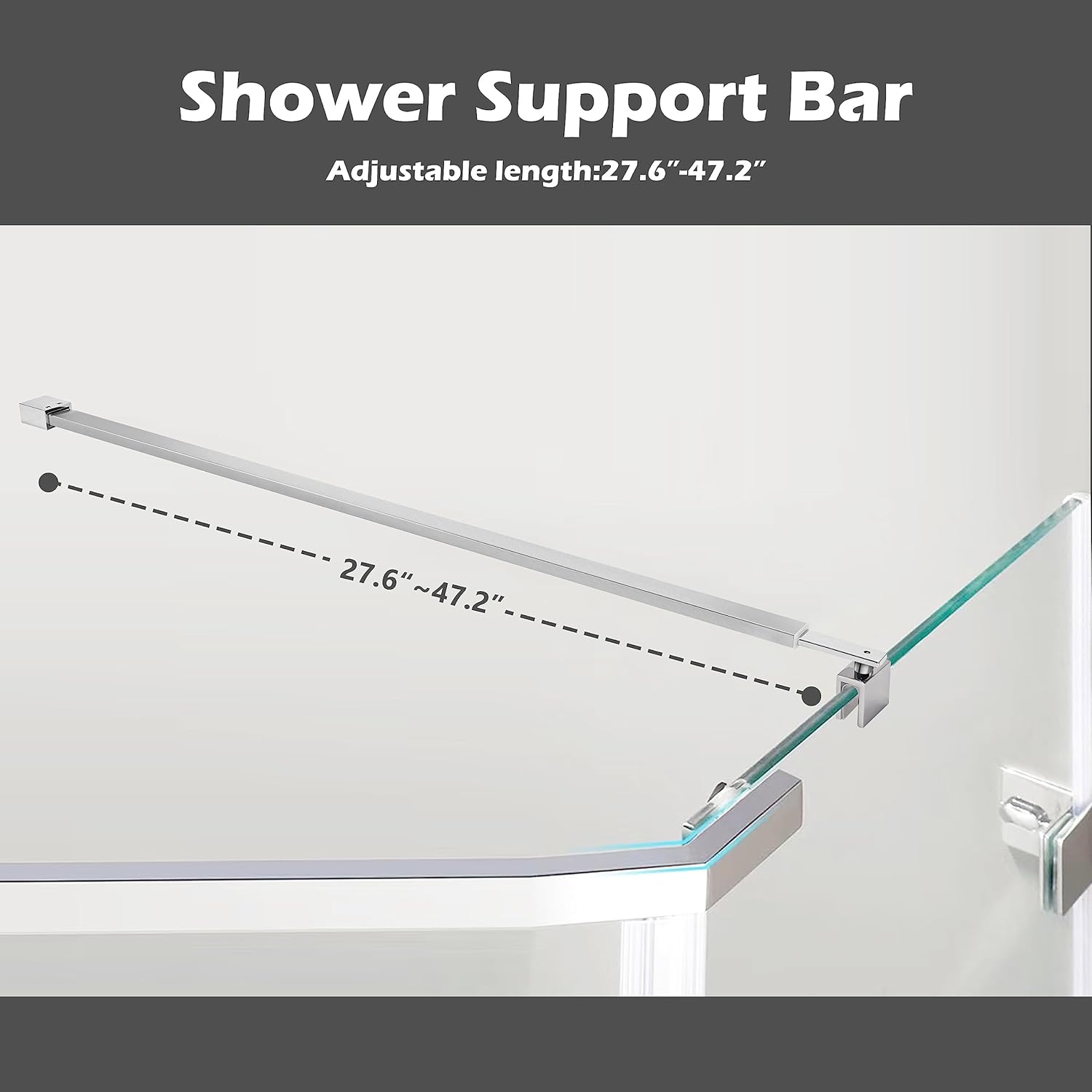 Shower Door Bar Support Rod, 27-47 Inch Adjustable Length, for 5/16"(8mm) 3/8"(10mm) Thick Frameless Glass Door, Brushed Nickel Silver Finsh with Square End, Glass to Wall Connection