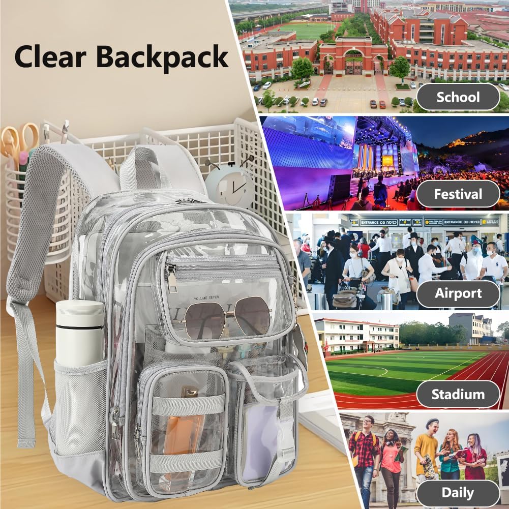 Clear Backpack for School Girls Boys Heavy Duty Transparent Backpack with Multiple Pockets, Lightweight PVC See Through Bookbag for Students-Grey - Image 6