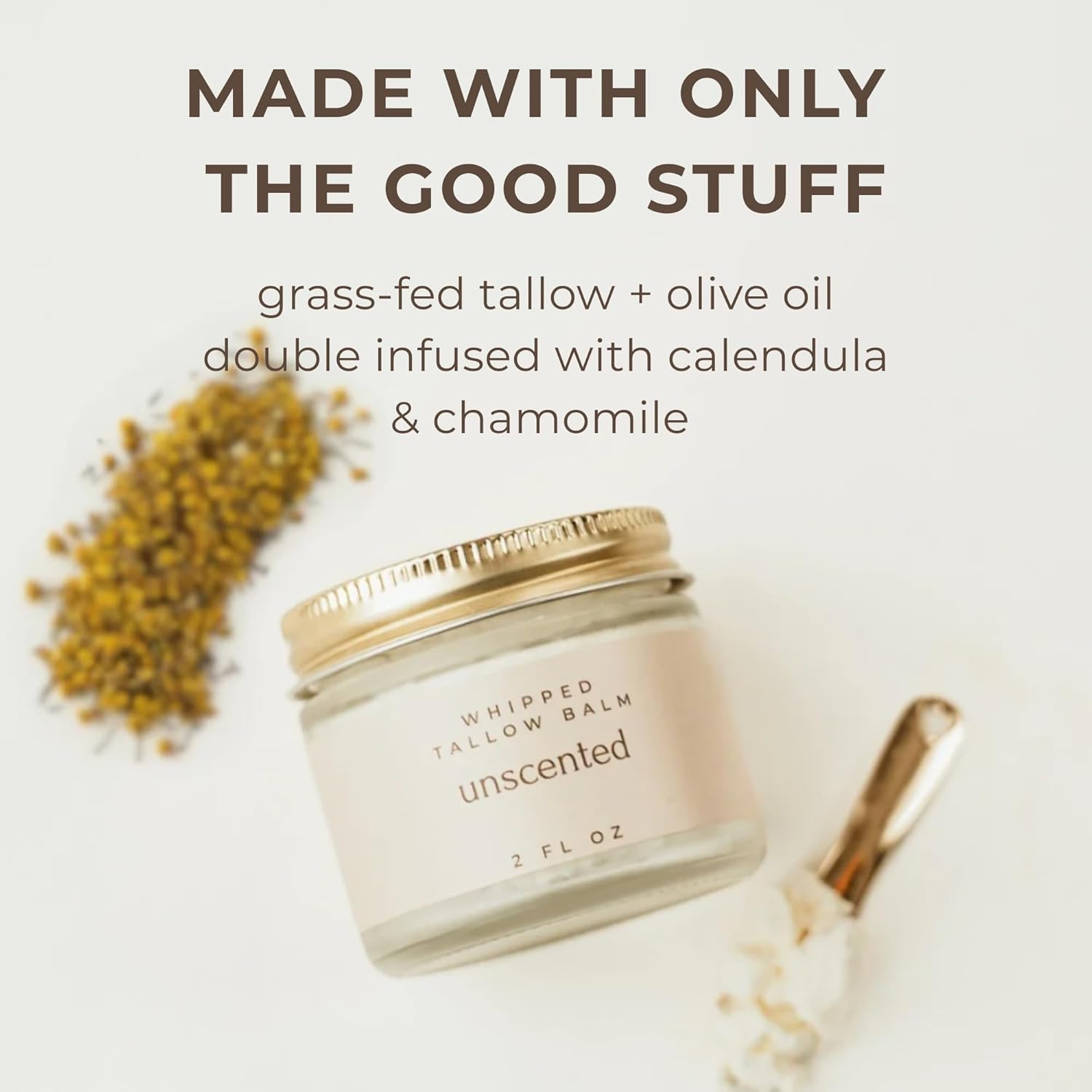 Whipped Tallow Balm – 100% Grass Fed Beef Tallow for Baby, Eczema & Sensitive Skin; Double-Infused with Calendula & Chamomile Herbs (Unscented Herb-Infused) - Image 3