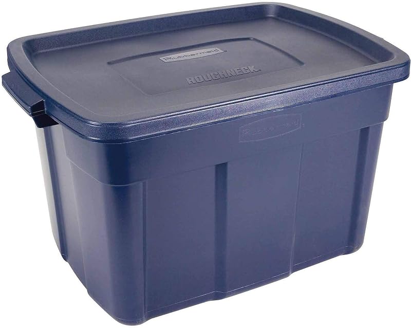 Rubbermaid Roughneck Tote 25 gal, paquete de 4, fabricado en Estados Unidos, índigo oscuro metálico, contenedores de almacenamiento apilables de plástico resistente con tapas y asas
